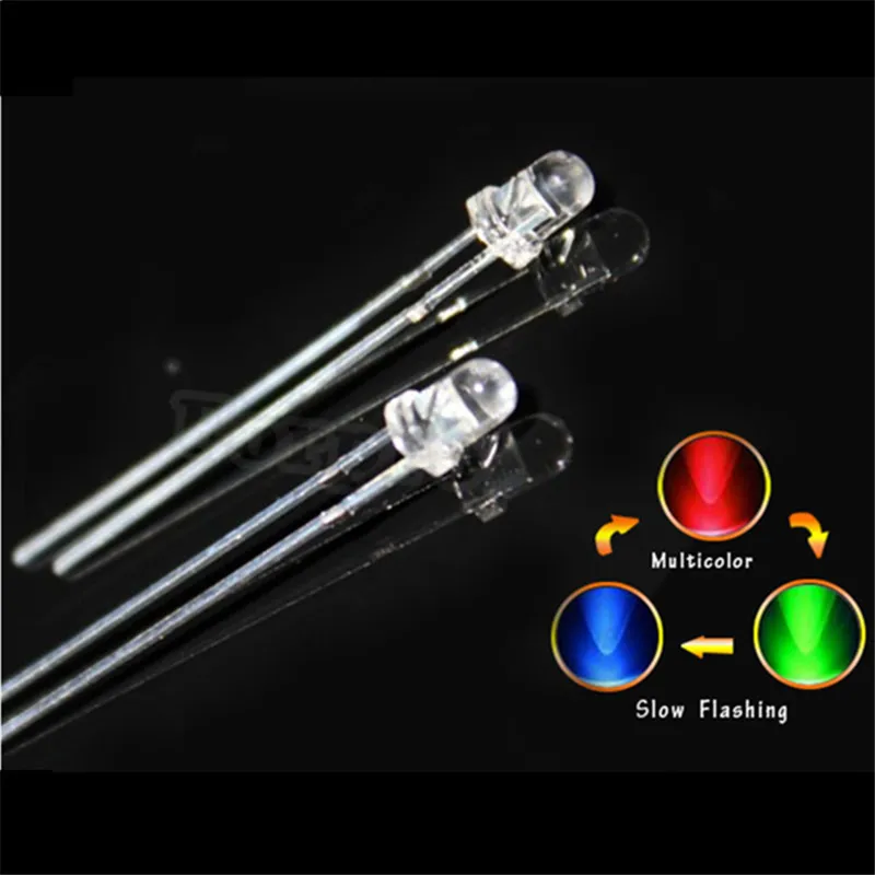 

100pcs 3mm Transparent RGB Slow Flash/Fast Flash Round Light Emitting Diode LED Blinking Multicolor Flicker Diode short legs