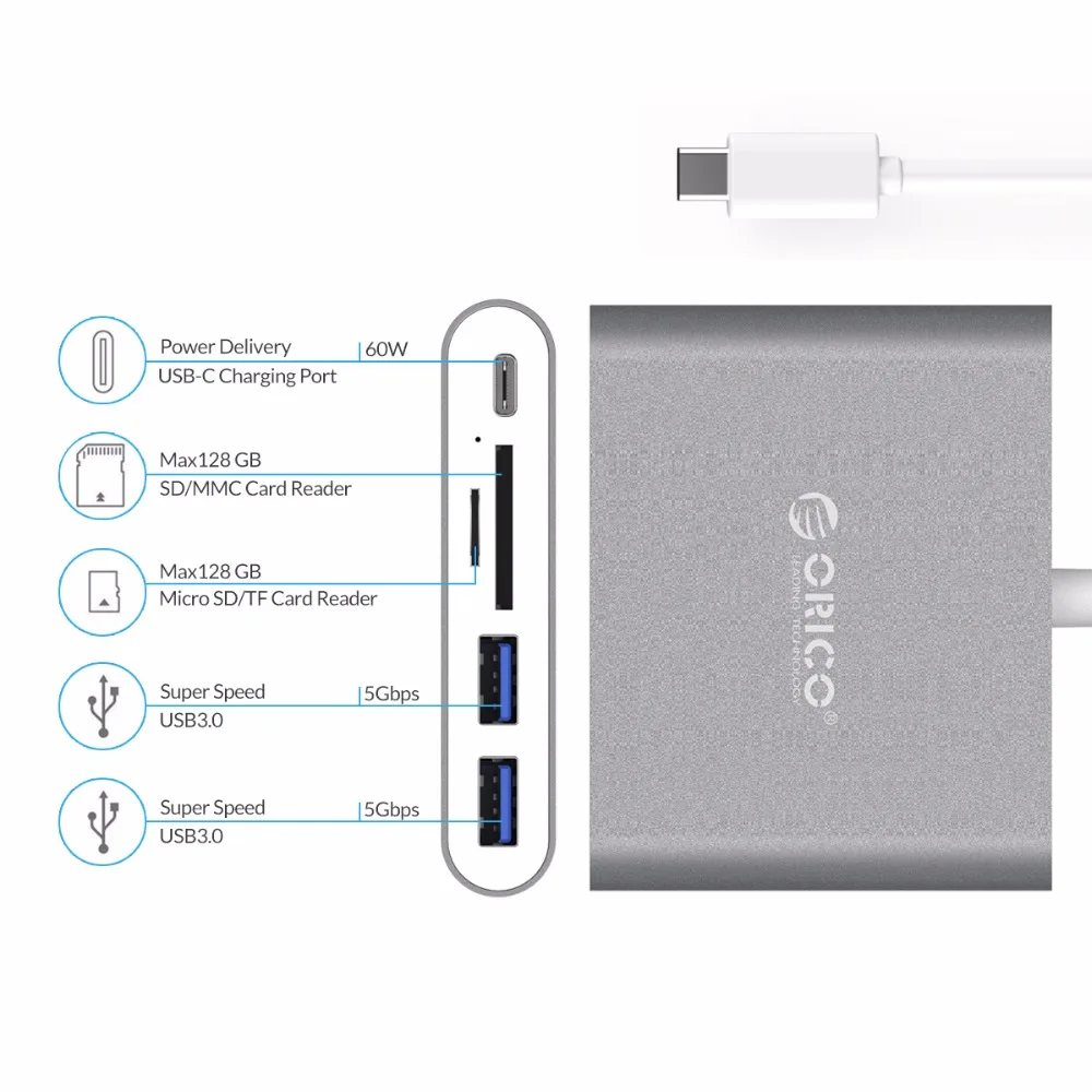 ORICO алюминиевый тип-c устройство для чтения карт SD TF с 2 портами USB3.0 поддержка PD зарядки ноутбука док-станции usb-хаб