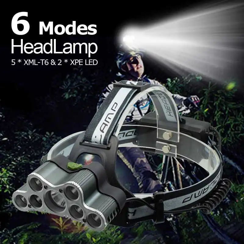 

High Power 7 LED Head Torch 20000 Lumens LED Headlamp USB Rechargeable XML T6 Lamp Warning Light Frontal Headlight + USB Cable