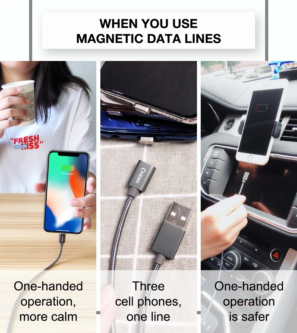 CASEIER Magnetic USB Digital Cable For iPhone X XR XS Max 7 6 6s Plus Micro USB Type C 3 in 1 Charging Data Transmission Cable