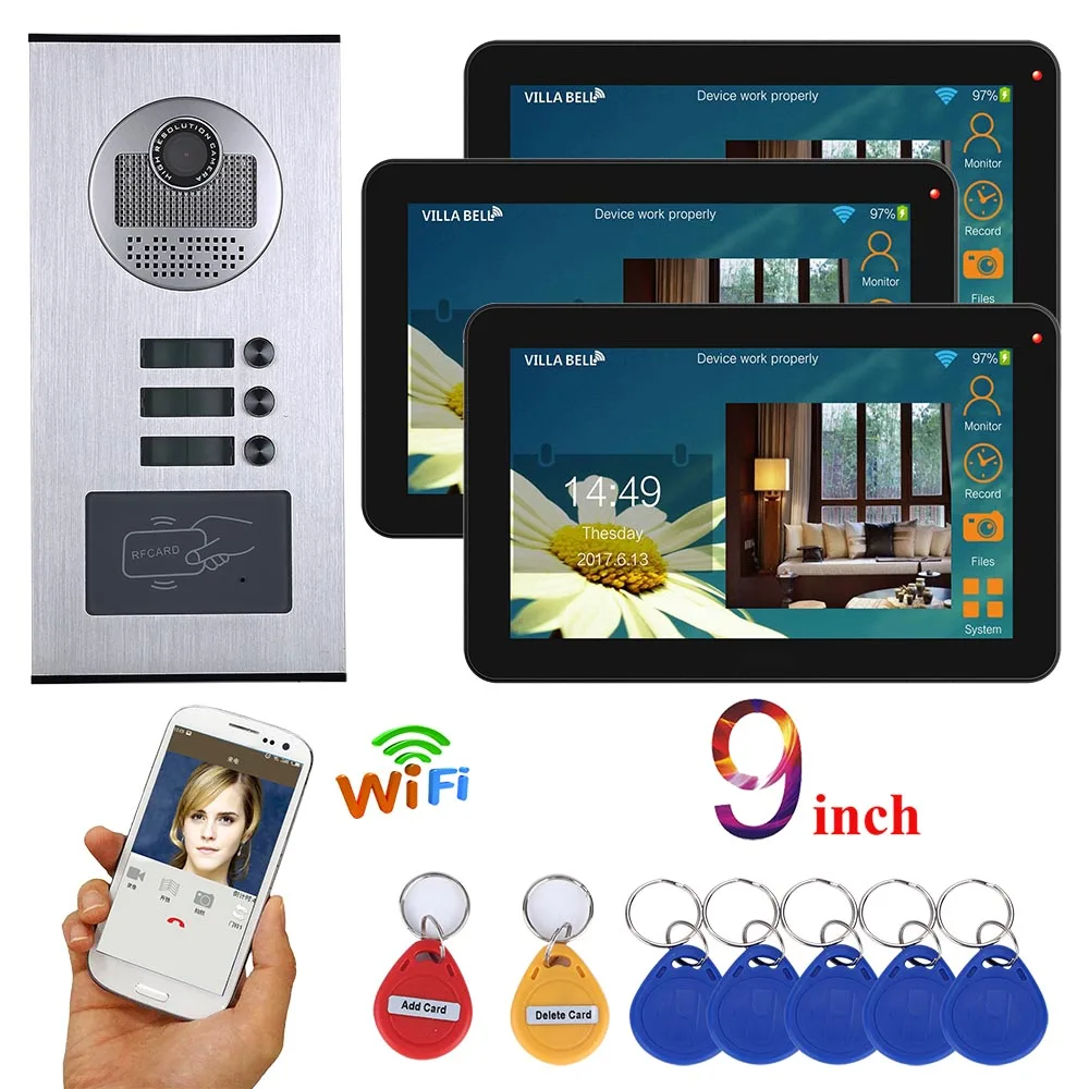 MOUNTAINONE 9 inch Wired Wifi 3 apartment video door phone intercom system RFID IR-CUT HD 1000TVL camera doorbell camera MOUNTAINONE 9 inch Wired Wifi 3 apartment video door phone intercom system RFID IR-CUT HD 1000TVL camera doorbell camera