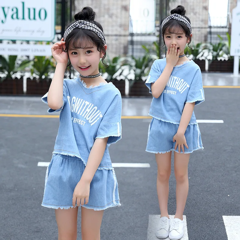 

Summer Girls Clothing Set Kids Clothes Girls Boutique Outfits Toddler Denim T Shirt + Denim Shorts 2pcs 3 to 13 Years