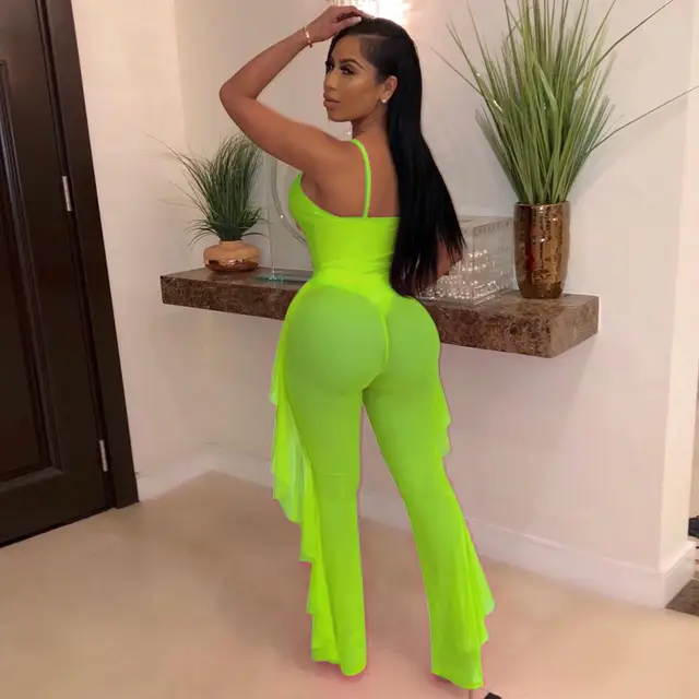 BKLD Ladies Tracksuits Festival Femmes Club Outfits Hollow Out Spaghetti Strap Bodysuit Ruffles Mesh Pant Set Pour Femmes 2024 6
