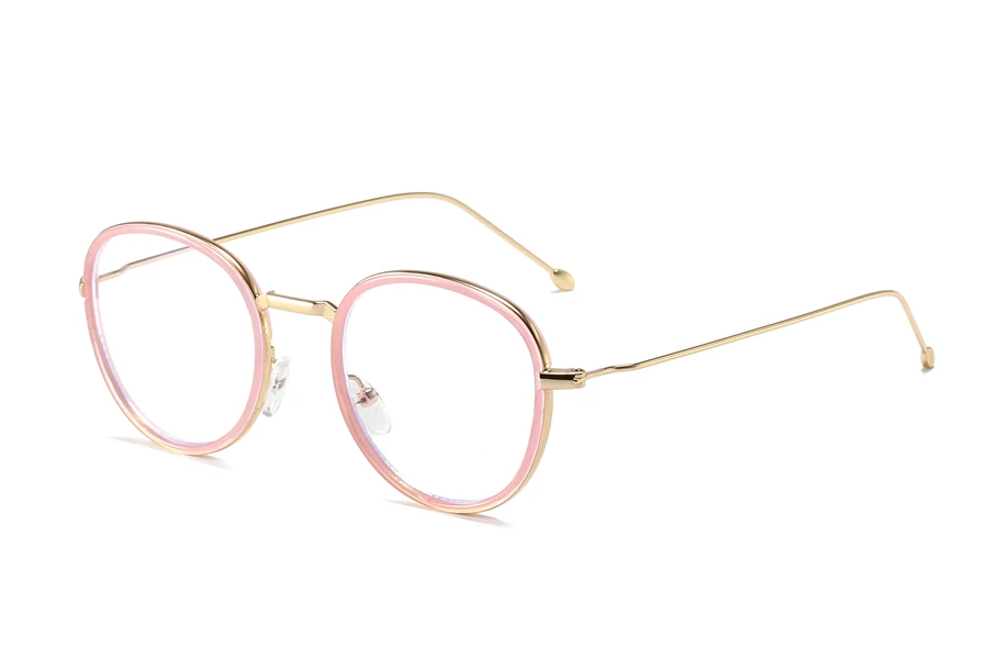 Золотисто-Розовая Круглая оправа, женские оптические линзы, мужские прозрачные очки, металлический синий светильник, блокирующие очки, компьютерные очки