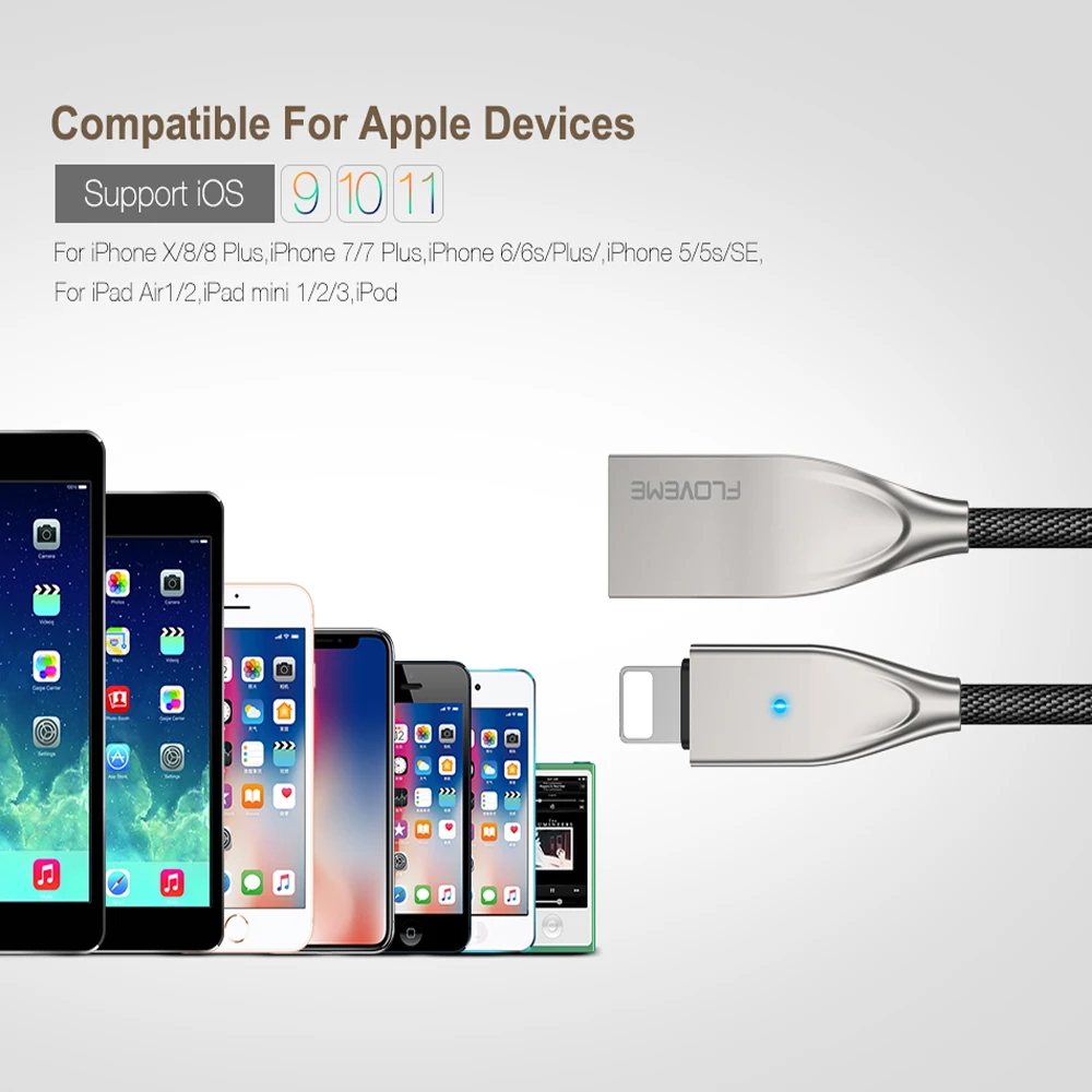 FLOVEME USB кабель с автоматическим отключением для iPhone X, 7 Plus, 5 В/2,1 A, светодиодный кабель для быстрой зарядки и синхронизации данных для Apple iPhone 10, 8, 5S, 6 S