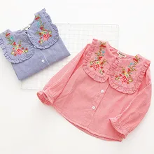 Весенние новые модные блузки в полоску для девочек детские рубашки в полоску с цветочной вышивкой детская блузка с длинными рукавами и отложным воротником