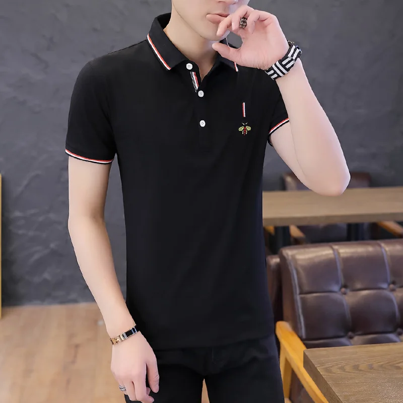 Брендовая мужская рубашка поло с вышивкой в виде пчелы, рубашки поло из хлопка Eden Park, однотонные повседневные рубашки поло с коротким рукавом, размер M-4XL, YA251 - Цвет: Black