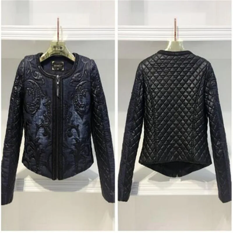 Super high quality 2018 spring autumn Denim basic Women jacket short round neck cowboy stitching PU washed leather Coat