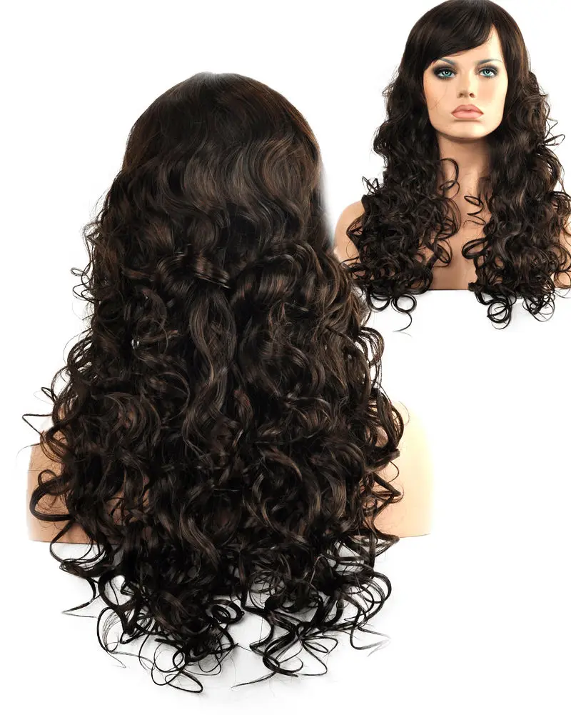 

FREE SHIPPING Hot Sell!!! Dark Brown Wigs Long Curly  New Women Oblique Bangs Full Wig Cosplay Hair