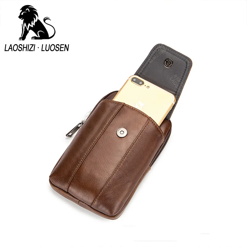 

LAOSHIZI LUOSEN Genuine Leather Cowhide Belt Bags For Men Cell Phone Waist Bag 91107