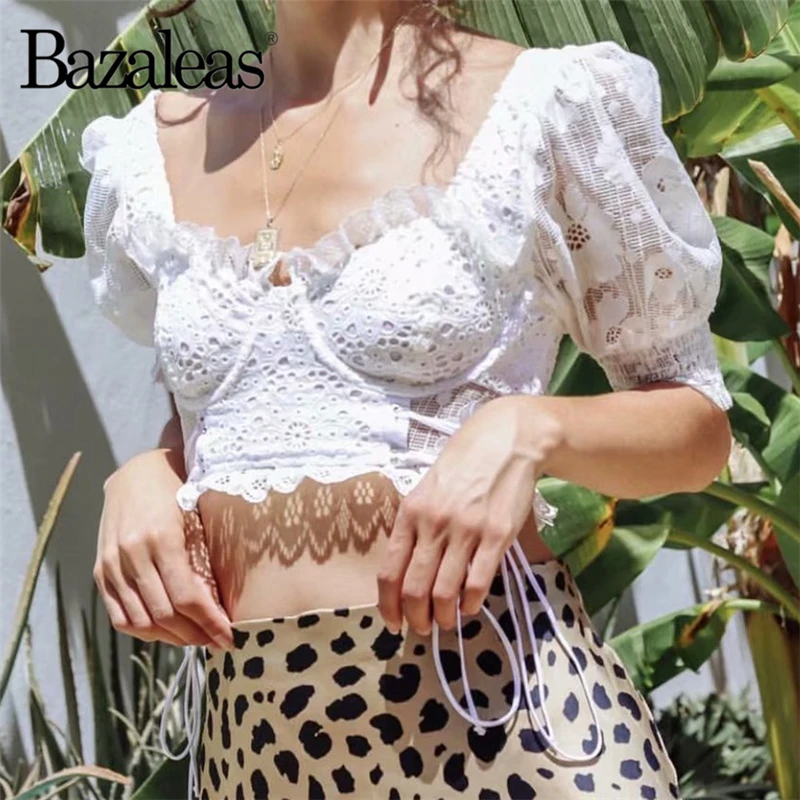 

Bazaleas Vintage Bandage T Shirt women White Lace Patchwork women Cropped T-shirt Slim Sexy Hollow Out Crop Top Drop shipping