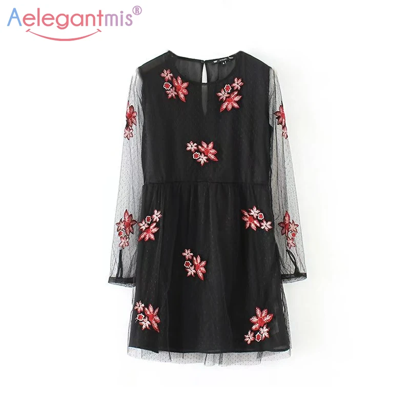 

Aelegantmis Women Sexy Perspective Black Mesh Dress Fashion Flower Embroidery Dress Female Long Sleeve Straight Mini Dress