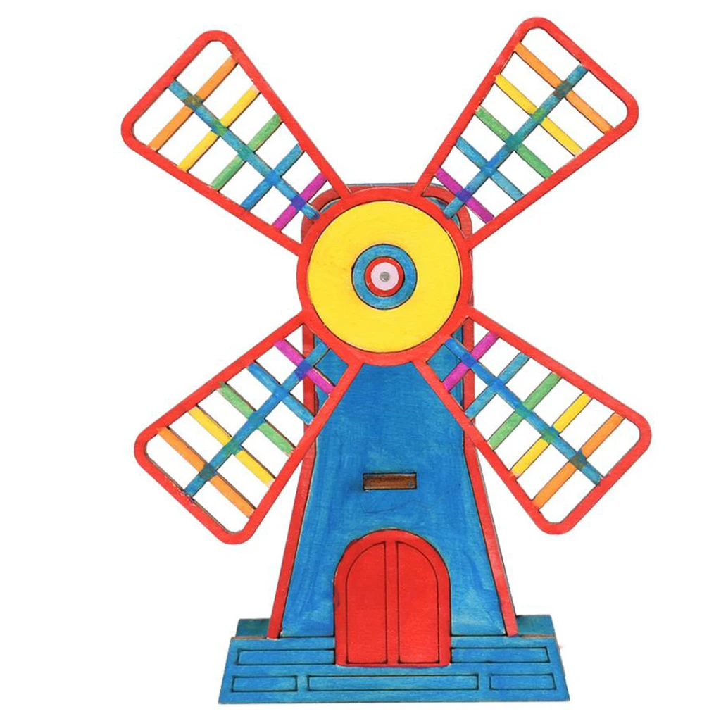 Handmade 3D Wooden Assembly Puzzles DIY Assemble Wooden Toy Craft Kit - Assembly Model Kit - Unpainted Windmill Building Model
