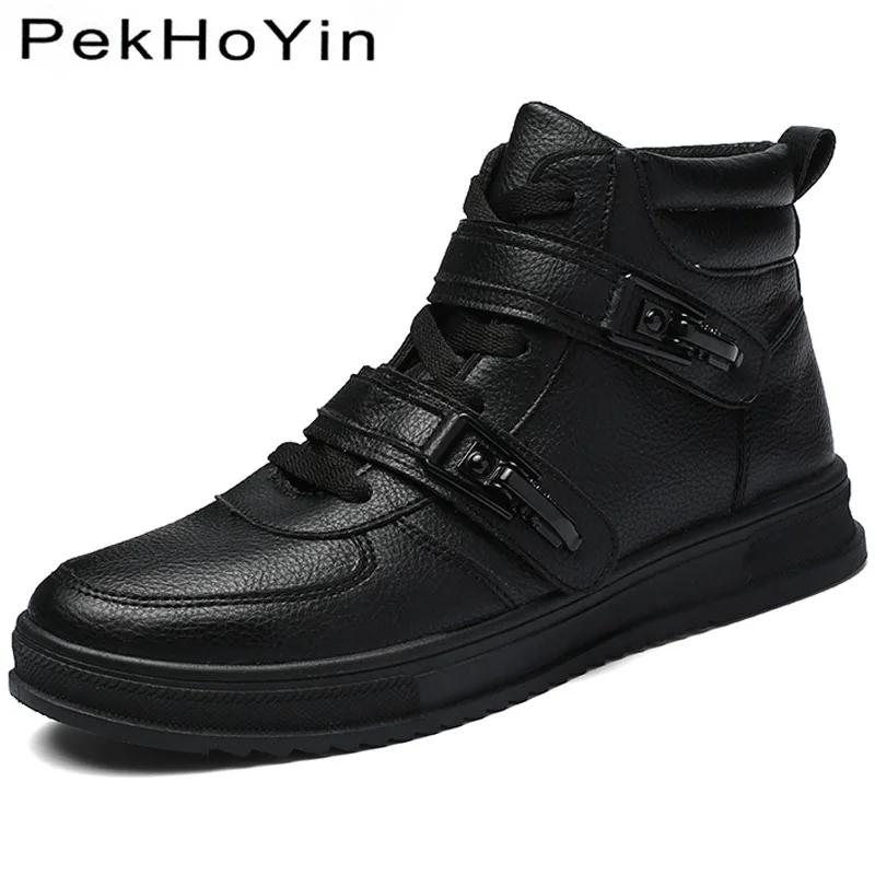 

2018 New Fashion Sneakers High Top Leather Men Casual Shoes Black Footwear Male Flats Shoes White Rubber Men Walking Shoes Sales