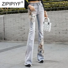 Модные Вышивка Винтаж Синий расклешенные джинсы для женщин высокая талия штаны бодикон женский промывают Эластичный женские джинсы из денима K423