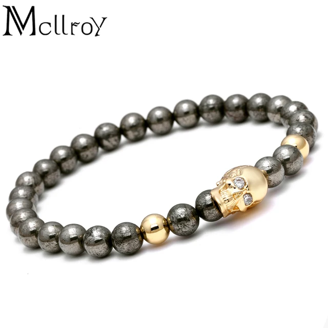 Mcllroy Nature Iron Energy Stone Beads Bracelet Men Silver Black Mcllroy Nature Iron Energy Stone Beads Bracelet Men Silver Black Bangles Skull Charm For