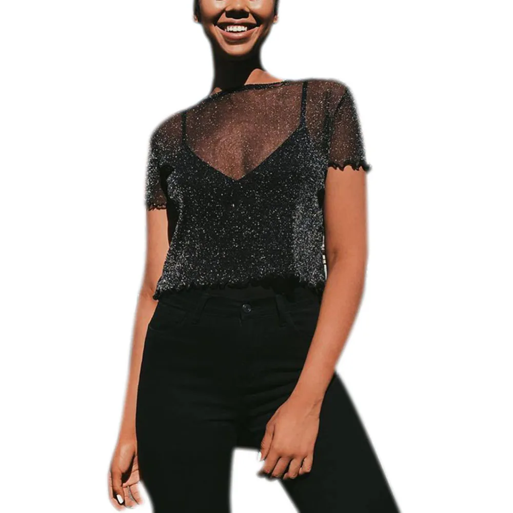 2018 Glitter Sheer Mesh Summer Tops Women Casual Perspective Hollow Out Blouse Female Sexy Shine Basic Short Fishnet Shirts Hot Blouses