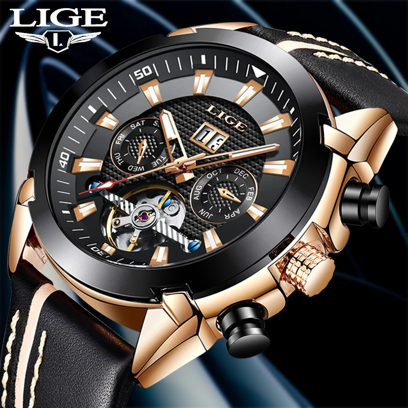 

2020LIGE Fashion Mens Watches Leather Strap Mechanical Tourbillon Sports Waterproof Watch Men's Highend Watch Relogio Masculino