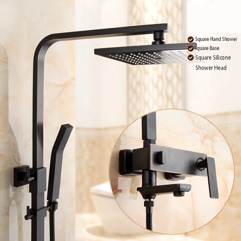 

Shower Faucets Brass Black Bathtub Faucet Square Tube Single Handle Top Rain Shower With Slide Bar Wall Water Mixer Taps