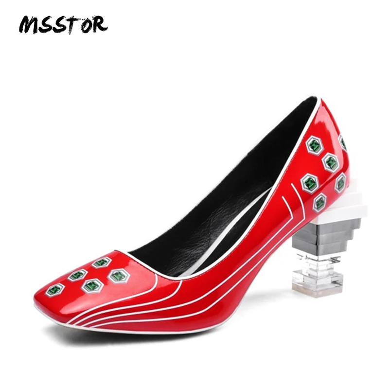

MSSTOR Patent Leather Luxury High Heels Square Toe Autumn Shallow Transparent Fashion Sexy Party Red Heels Strange Style Pumps