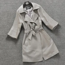 Women Genuine Sheepskin Leather Jackets Brand Design Star Style Slim Belt Half Sleeve Fashion Long Jacket Coat Jaqueta Spring