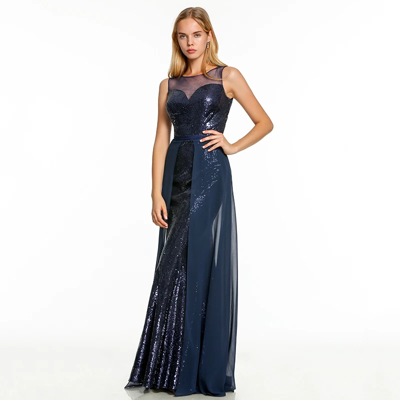 Dressv темно-Королевское синее длинное вечернее платье трапециевидной формы, недорогое вечернее платье без рукавов с круглым вырезом для свадебной вечеринки, вечернее платье с блестками es