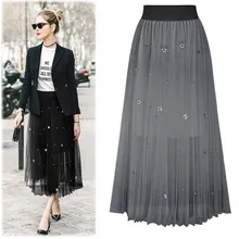 Элегантная женская юбка с жемчужинами, до середины икры, с эластичной резинкой на талии, плиссированная, модные, сетчатые, вечерние, Vestido, для девушек, для танцев, платье, юбка большого размера