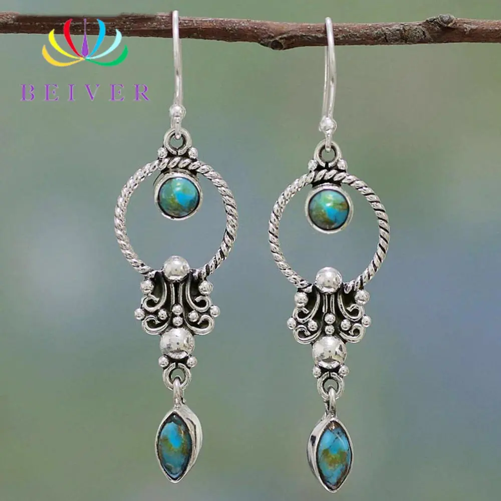 

Beiver White Gold Color Earrings Natural Stone Green Drop Earrings for Women Girl Retro Turquoise Jewelry 2019 New Arrivals E414