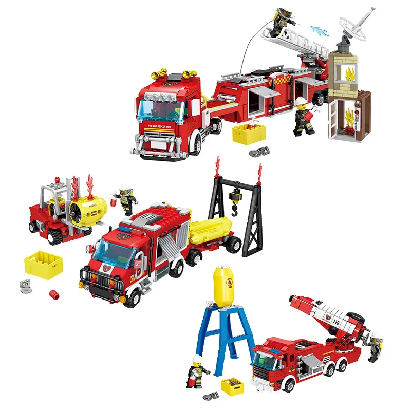 

KAZI Rescue Fire Fighting Truck Building Blocks Compatible With LegoINGLs City Firemen Figures Playmobil Bricks Toy for Children