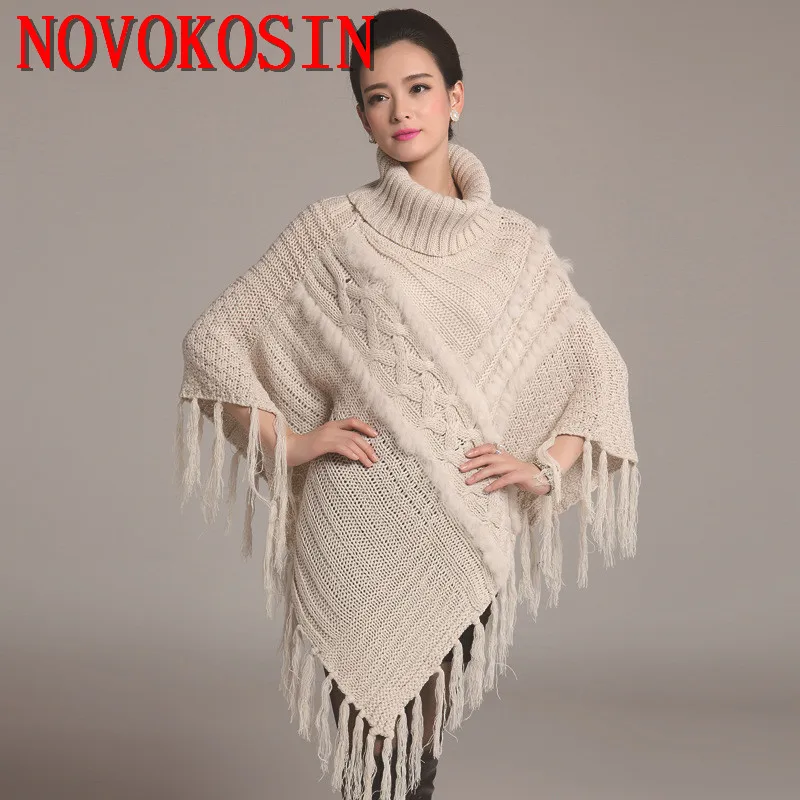 SC52 2018 Autumn Winter High Neck Loose Faux Rabbit Fur Knitted Tassel Poncho Women Black Patchwork Square Coat |