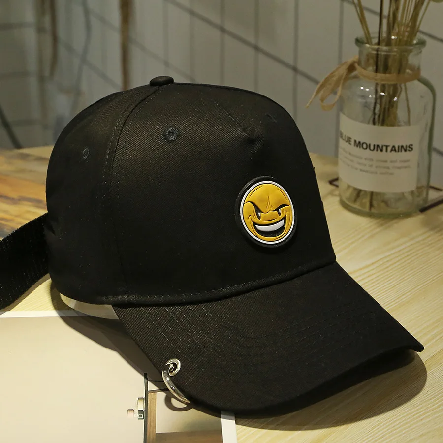 

New Women Ponytail Baseball Cap Men Smile Face Solid Color Cotton Hip Hop Hat Metal Ring Snapback Cap Casual Sport Visor