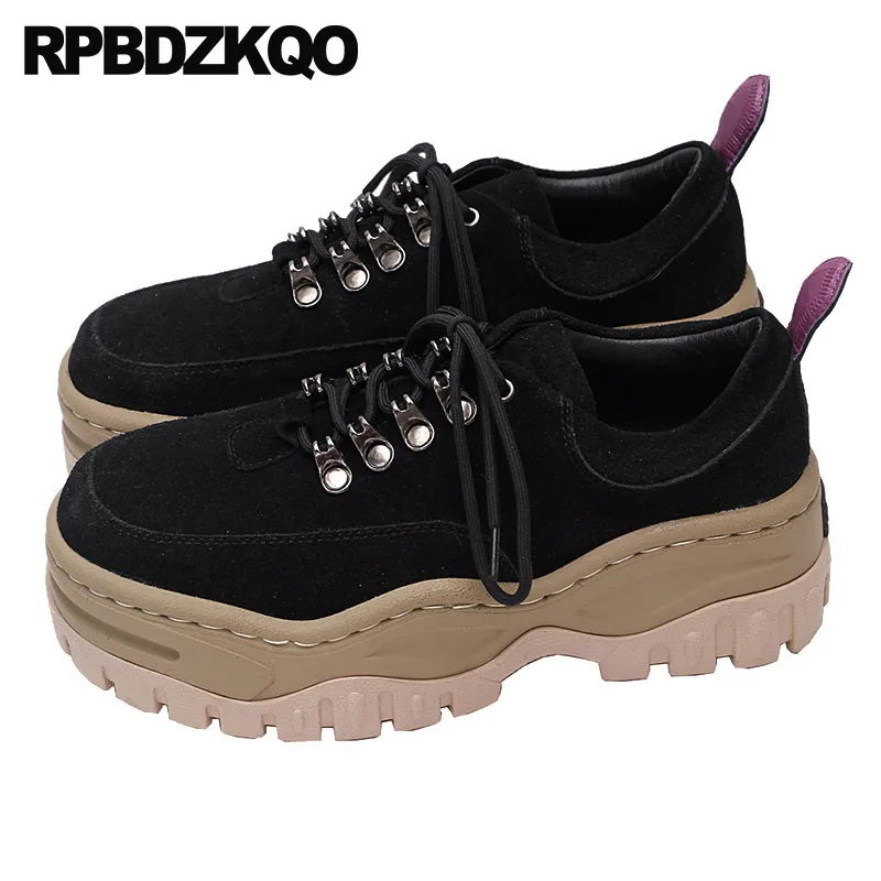 

lace up canvas round toe women breathable thick sole slip resistant creepers platform shoes suede muffin retro elevator black