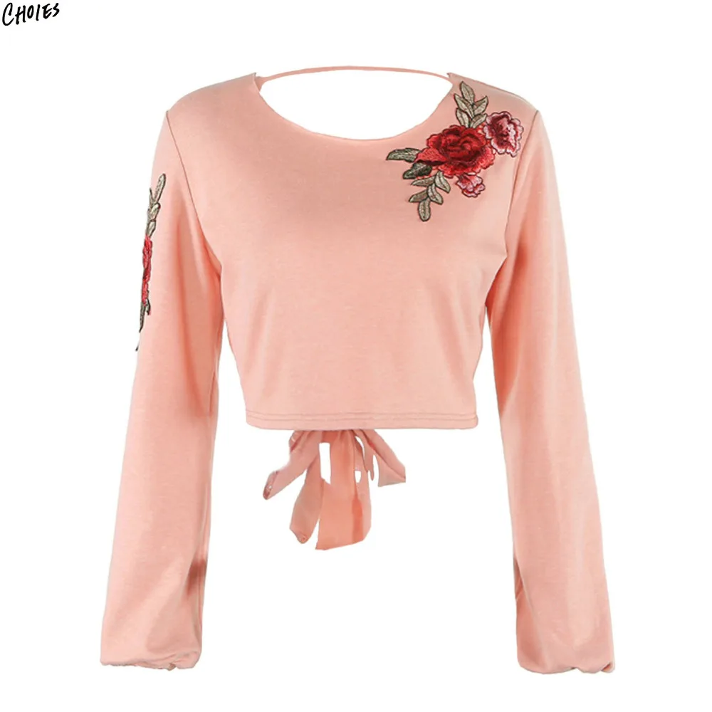 Women Embroidery Floral Cropped Sweatshirt Tied Open Backless Long