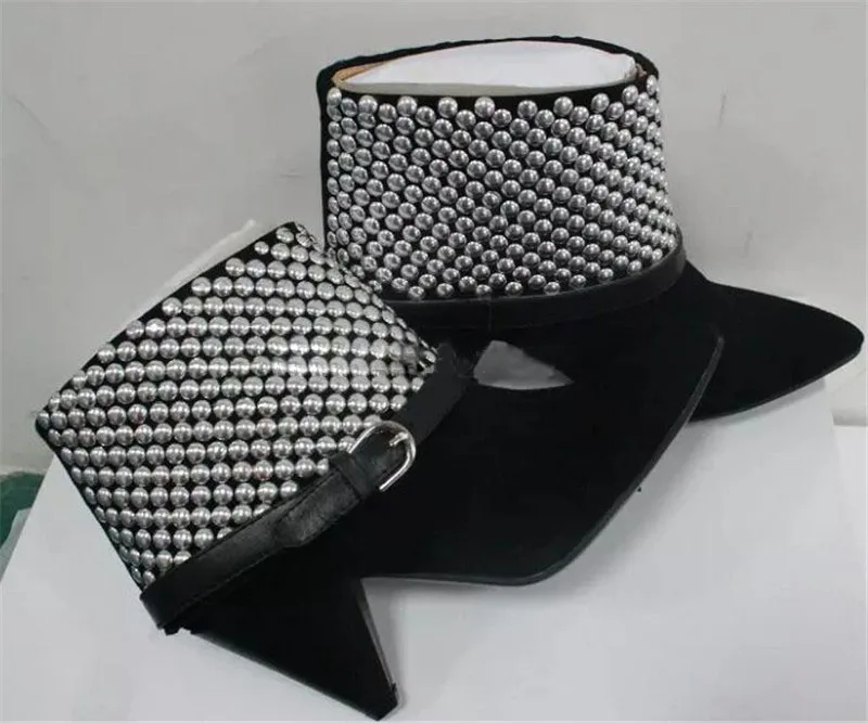 New-Fashion-Women-Pointed-Toe-Black-Suede-Leather-Spike-Heel-Ankle-Boots-Rivet-Ankle-Buckle-High