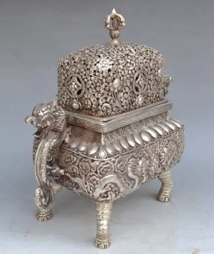 

Old Tibet Silver Handmade Tibet Silver Six Dragon Incense Burner Censer fast Shipping