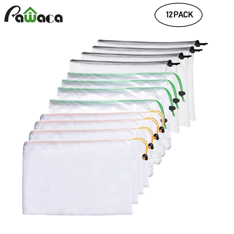 

12Pcs/Set Premium Reusable Rope Mesh Produce Bags Kitchen Fruit Vegetable Toys Storage Bags Pouch Drawstring Mesh Shopping Bag