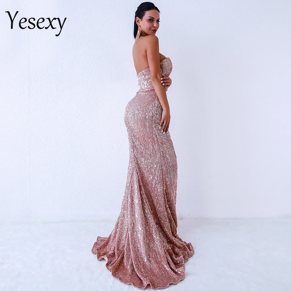 Yesexy, сексуальный бюстгальтер, с открытыми плечами, с блестками, с высоким разрезом, платья для женщин, с открытой спиной, платье макси, элегантное, вечернее платье Vestdios VR9188