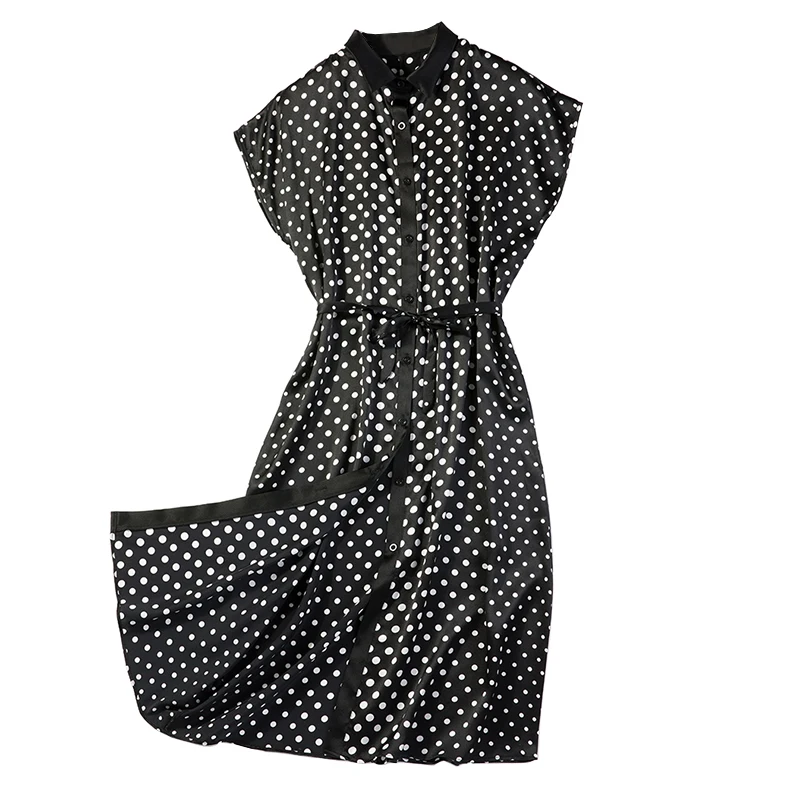 Women Summer Silk Dress Vintage Polka Dots Natural silk dresses Elegant striped Dress Casual holiday real silk long shirt dress