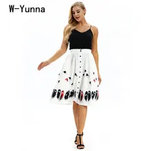 W-Yunna перо винтажная свободная Пышная юбка ретро Кнопка открытый Бохо миди юбки женские Высокая талия Девушки Лето Saia линия юбка