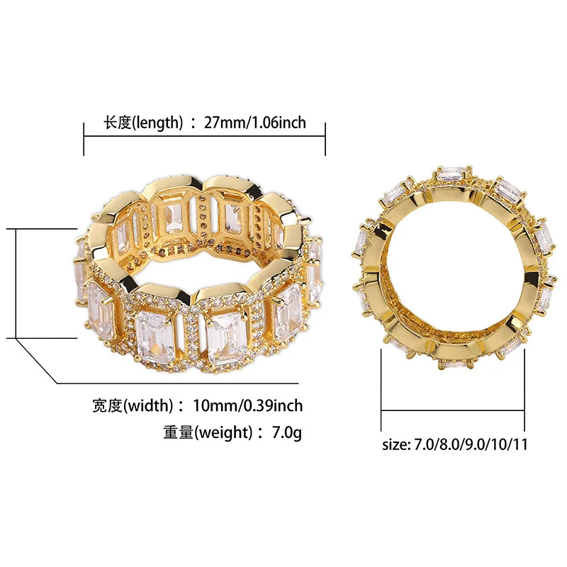 Хип-хоп квадратная AAA кубический цирконий теннисная цепь кольца для женщин и мужчин 1 ряд CZ Bling Iced Out Золотое кольцо Мужские рэппер ювелирные изделия