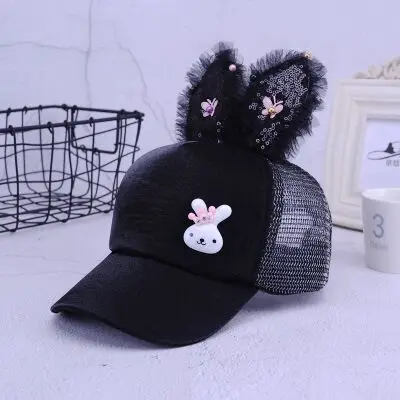 MAERSHEI летняя детская бейсбольная кепка для девочек сетчатая Кепка Принцесса кролик длинное ухо блестки детская шапка - Цвет: Black