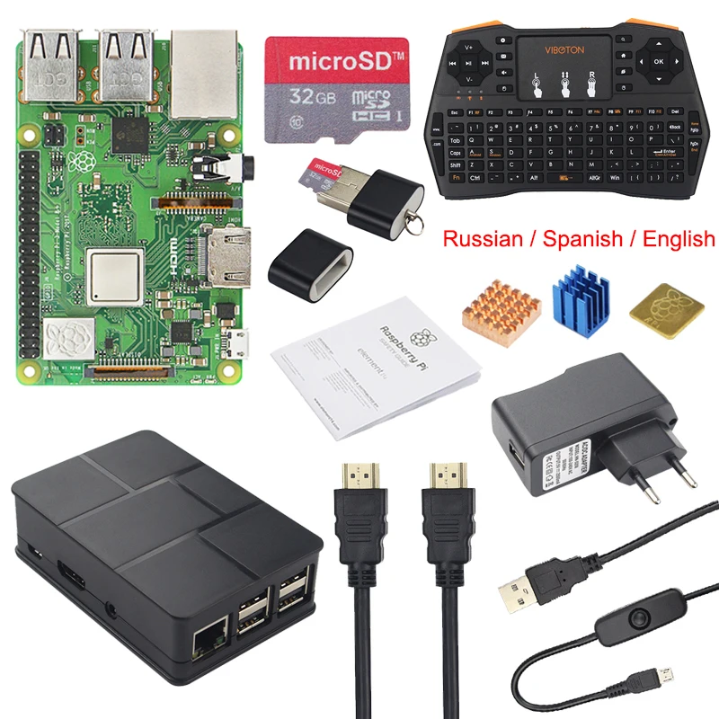 Raspberry Pi 3 Modelo B, modelo B + (Plus) + funda + teclado inalámbrico de 2,4 GHZ + cargador de energía de 2.5A + Cable de carga de interruptor USB + disipadores de calor