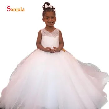 

White Tulle Ball Gown Flower Girls Dresses 2019 V Neck Tank Pleats Simple Long Child First Communion Dresses vestido flores D975