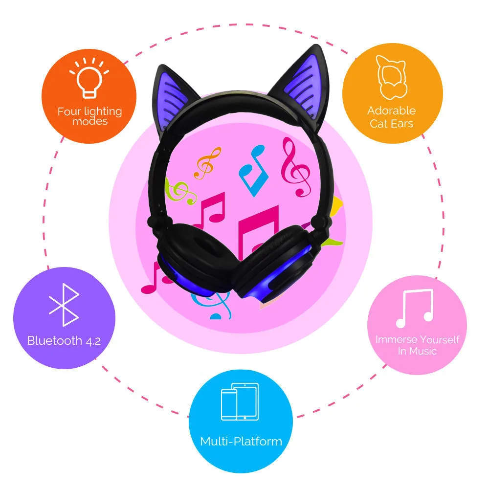 Беспроводные наушники с кошачьими ушками Bluetooth микрофон мигающая светящаяся