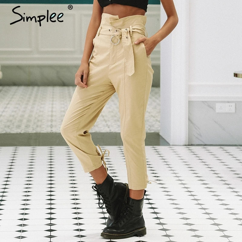 Simplee Khaki high waist belt pants women Zipper lace up casual fitting