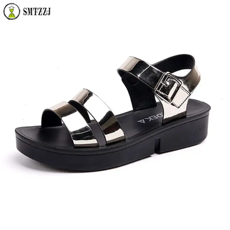 

Brand Black Grey Silver Flat Women Sandals Leather Women Platform Beach Sandals Shoes Ladies Flats Summer Mid Heel Footwear 2019
