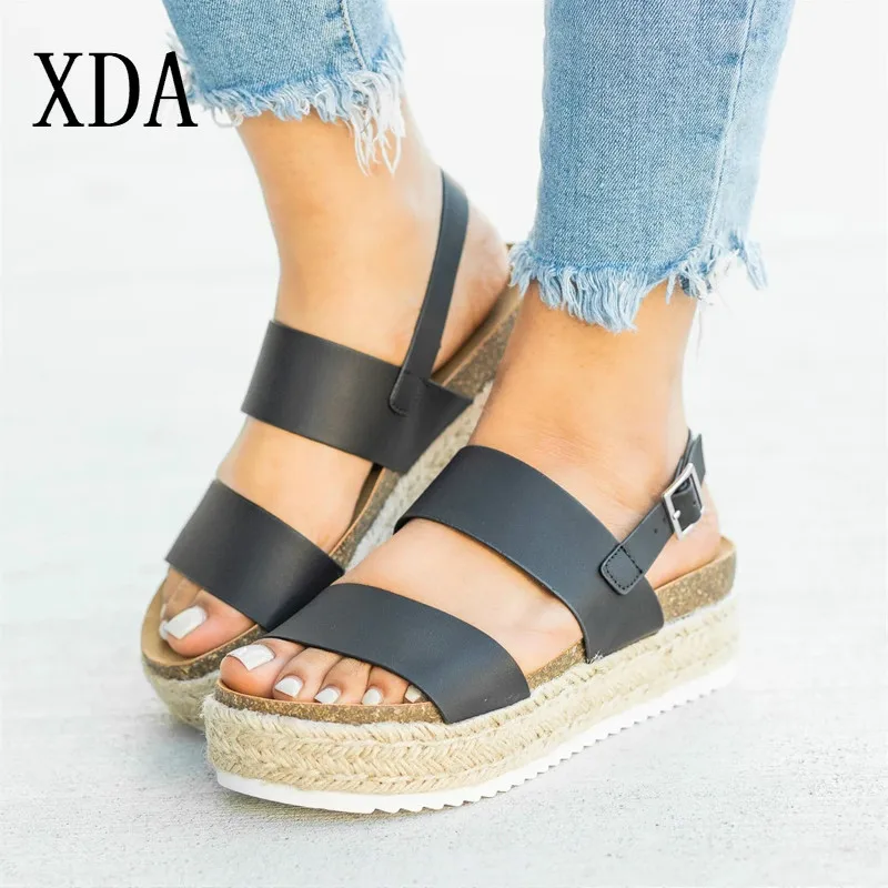

XDA Summer Sandal Leopard PU High Heels Wedges Platform Women Sandals Buckle Strap Comfort Casual Ladies Shoes Plus Size 43 D145