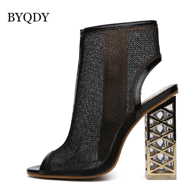 BYQDY/черные пикантные сандалии-гладиаторы; обувь на молнии с открытым носком; босоножки с вырезами и золотыми кристаллами; женская обувь; размеры 34-40