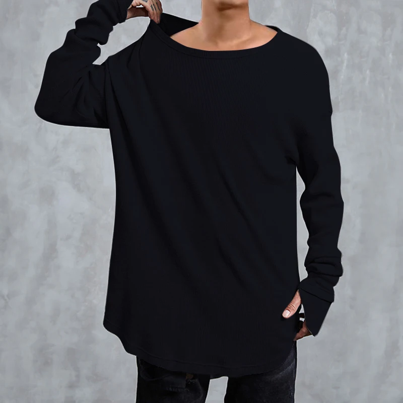 INCERUN, панк стиль, мужские футболки с длинным рукавом, ассиметричные, изогнутый подол, трикотажные, свободные, Swag, футболки для хип-хопа, повседневные Топы Harajuku, 2XL - Цвет: Black Men T Shirts