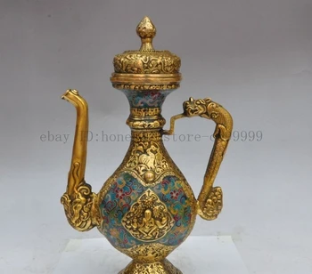 

14" chinese bronze gilt cloisonne dragon beast people statue Wine Tea Pot Flagon
